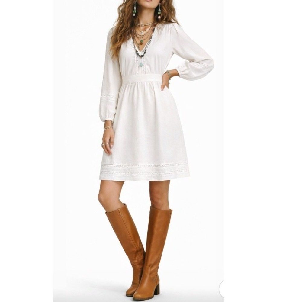 J.Crew White Cotton Eyelet Lace V-Neck Mini Dress Long Puff Sleeve XS - Picture 1 of 11